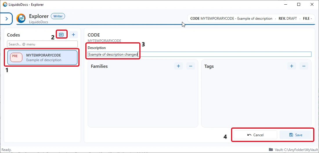 Details button and description editing area in the Codes section of LiquidoDocs Explorer.
