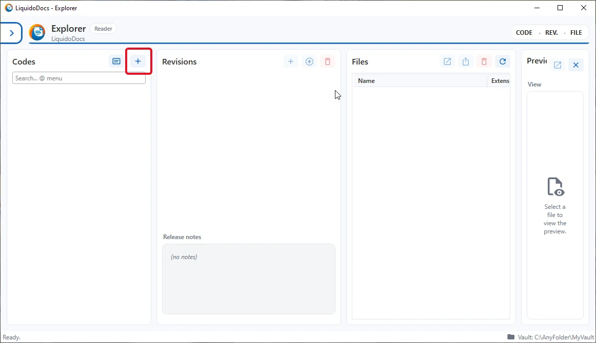 Plus button in the Codes section of LiquidoDocs Explorer.