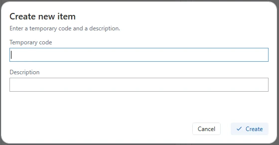 Window for creating a new code with fields for temporary code and description.