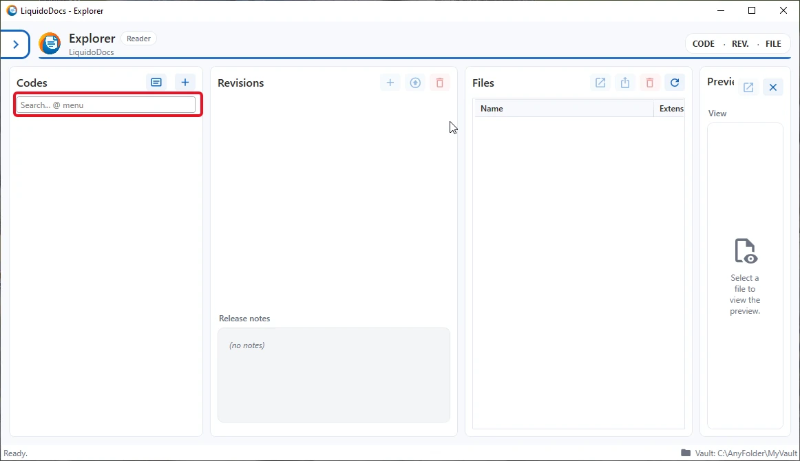 Search field in the Codes section of LiquidoDocs Explorer.