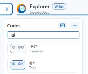 Search menu opened with the @ character in the Codes section.