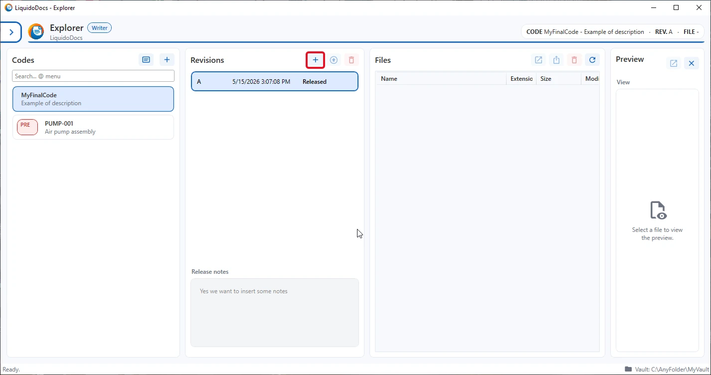 Plus button in the revisions section to create a new draft in LiquidoDocs Explorer.
