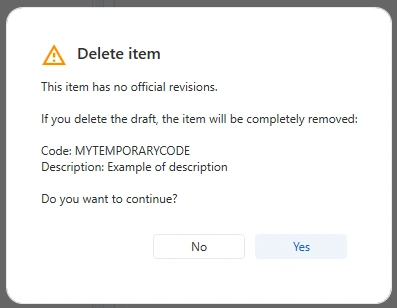 Confirmation message for deleting a draft in LiquidoDocs Explorer.