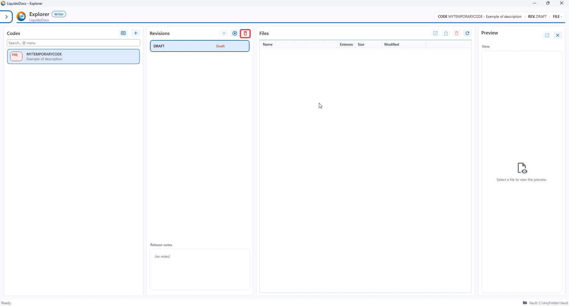 Trash button in the revisions section of LiquidoDocs Explorer.