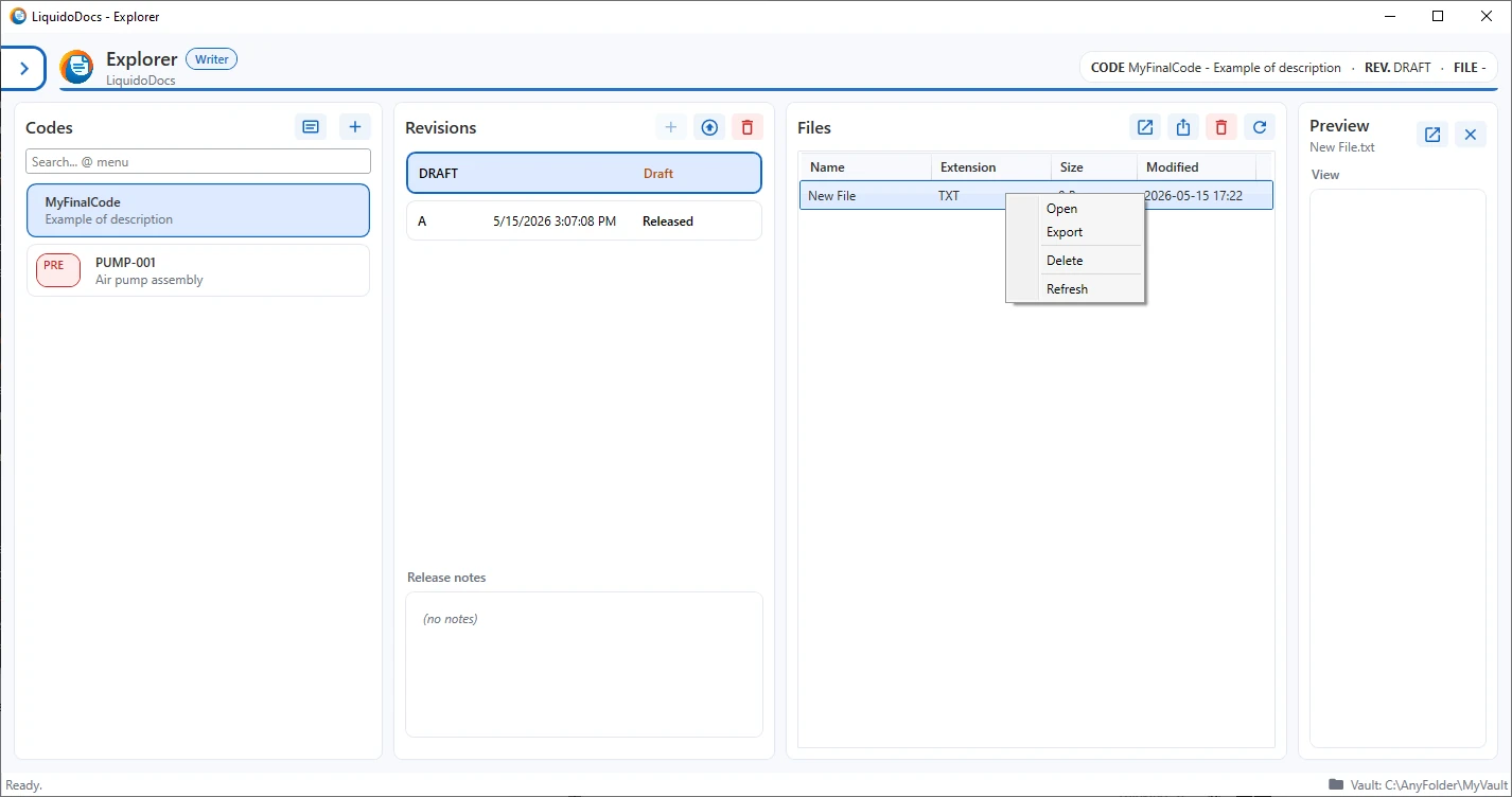 File section of a draft in LiquidoDocs Explorer with the context menu open.