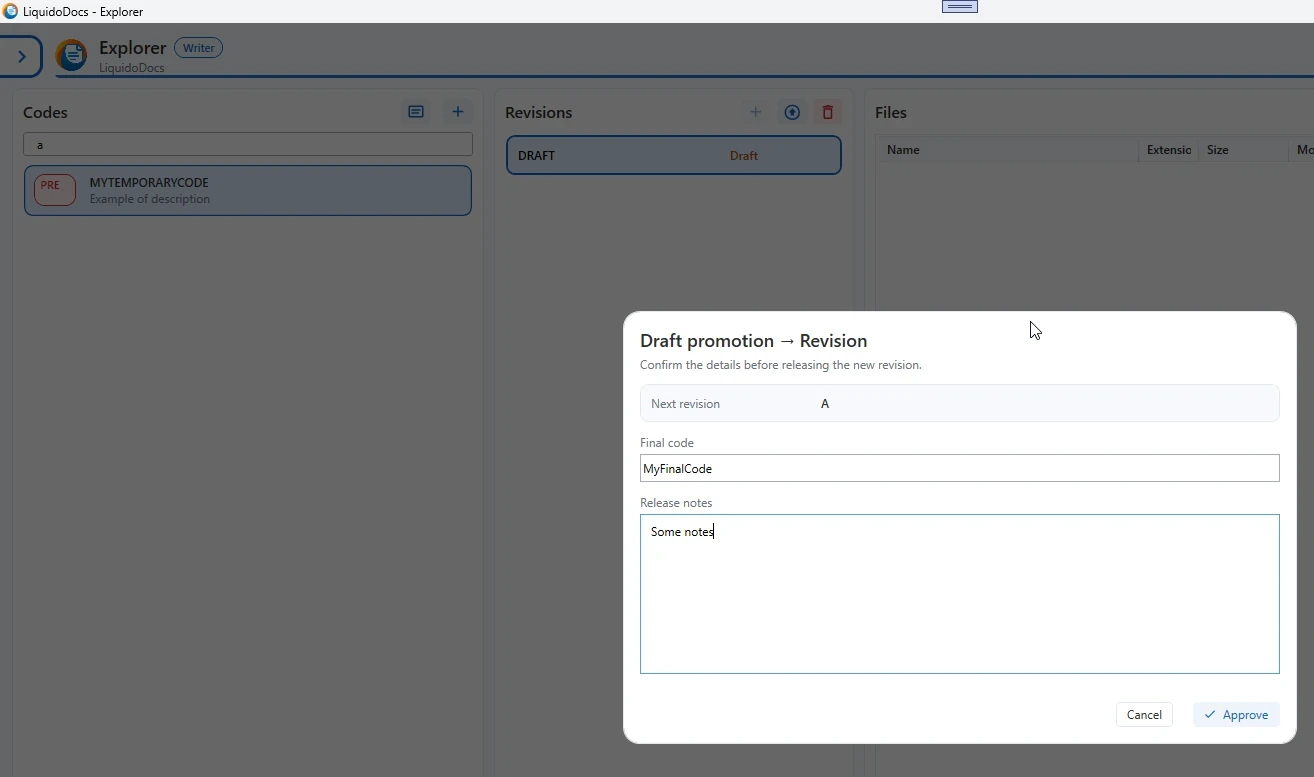 Confirmation window for promoting a draft to a revision in LiquidoDocs Explorer.