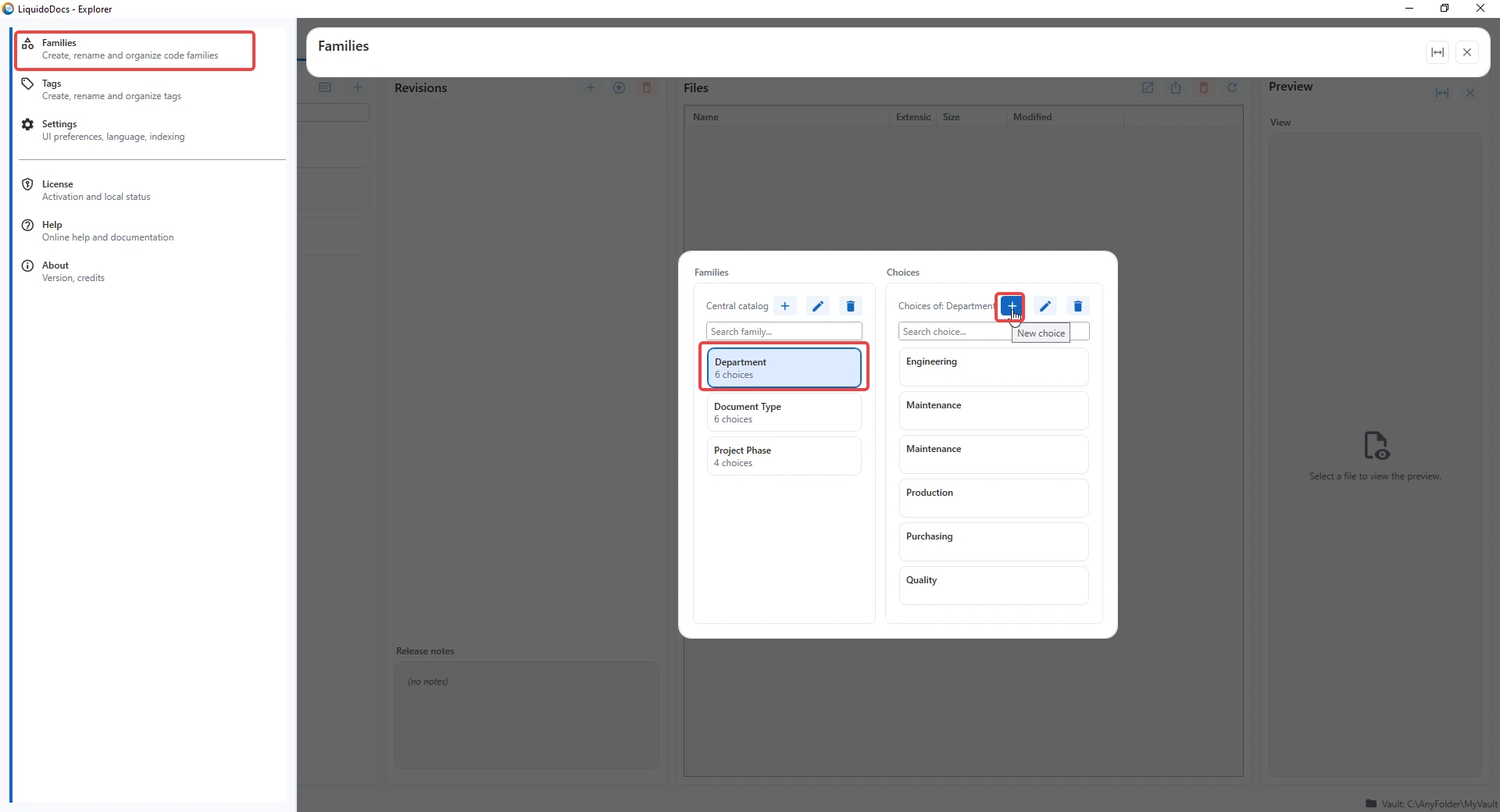 Families section of LiquidoDocs Explorer with the family catalog and choices area.