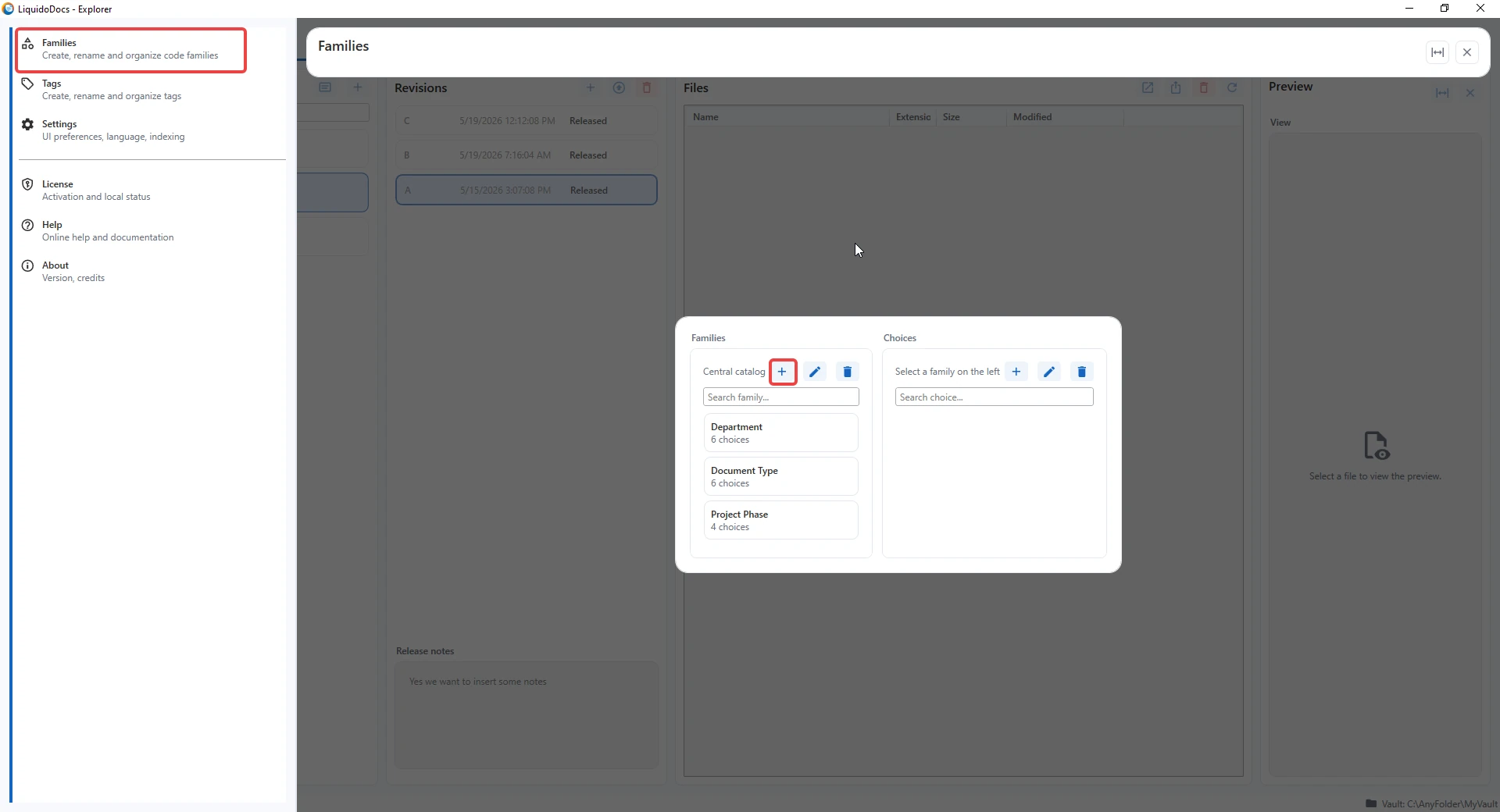 Families section of LiquidoDocs Explorer with the button to create a new family.