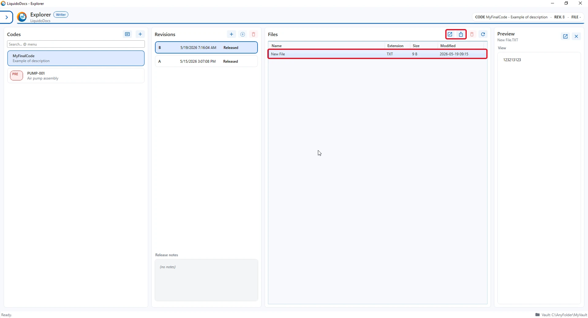 Files section of LiquidoDocs Explorer with commands to open and manage files.