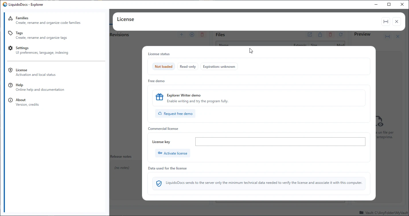 License section of LiquidoDocs Explorer with free demo request.