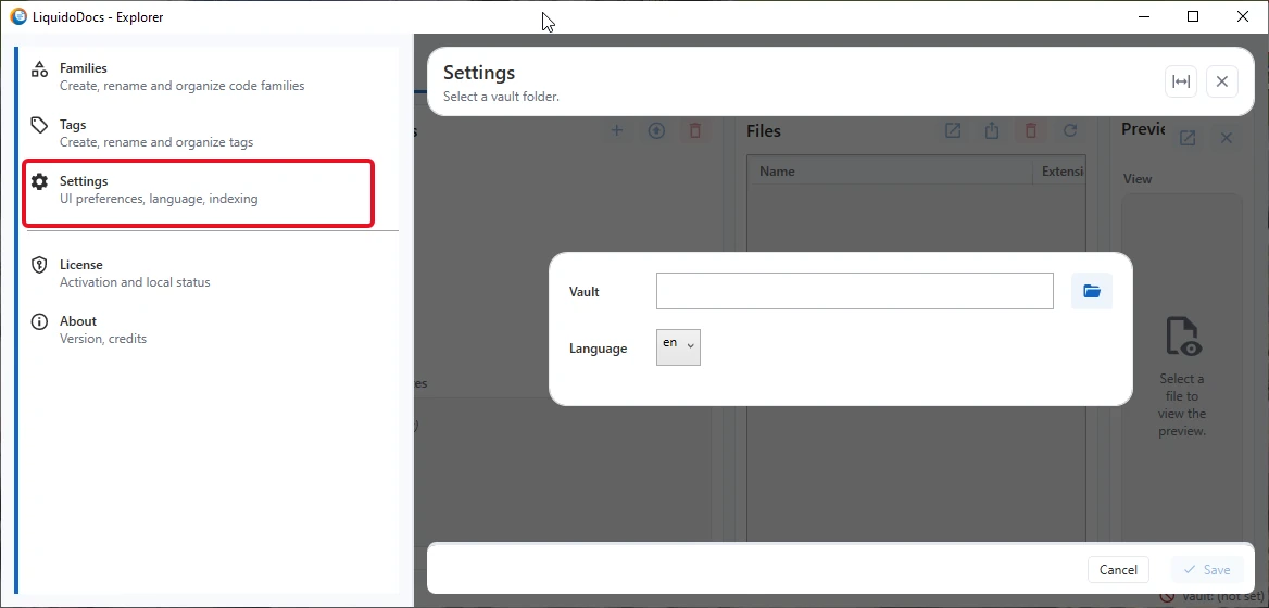 LiquidoDocs Explorer settings screen with Vault location and interface language.